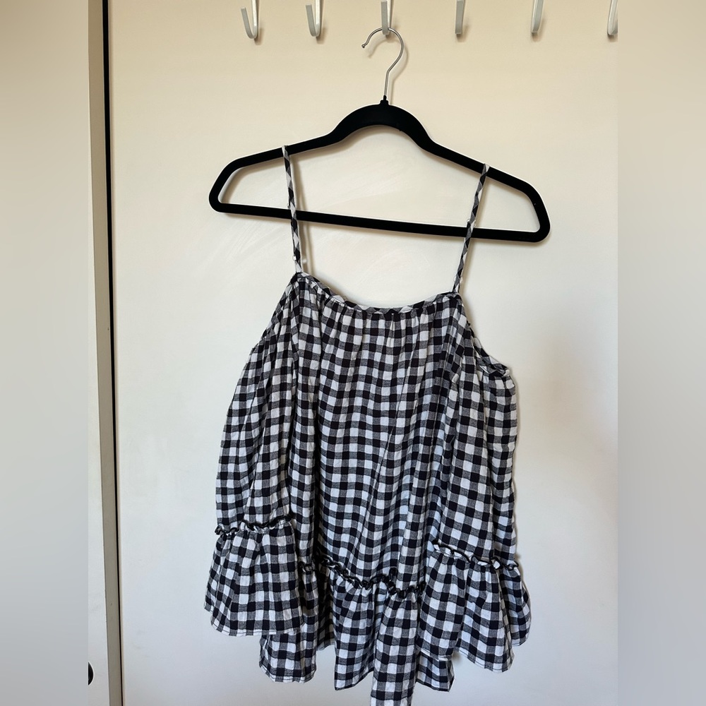 Caution To The Wind Plaid Cold Shoulder Ruffle Top